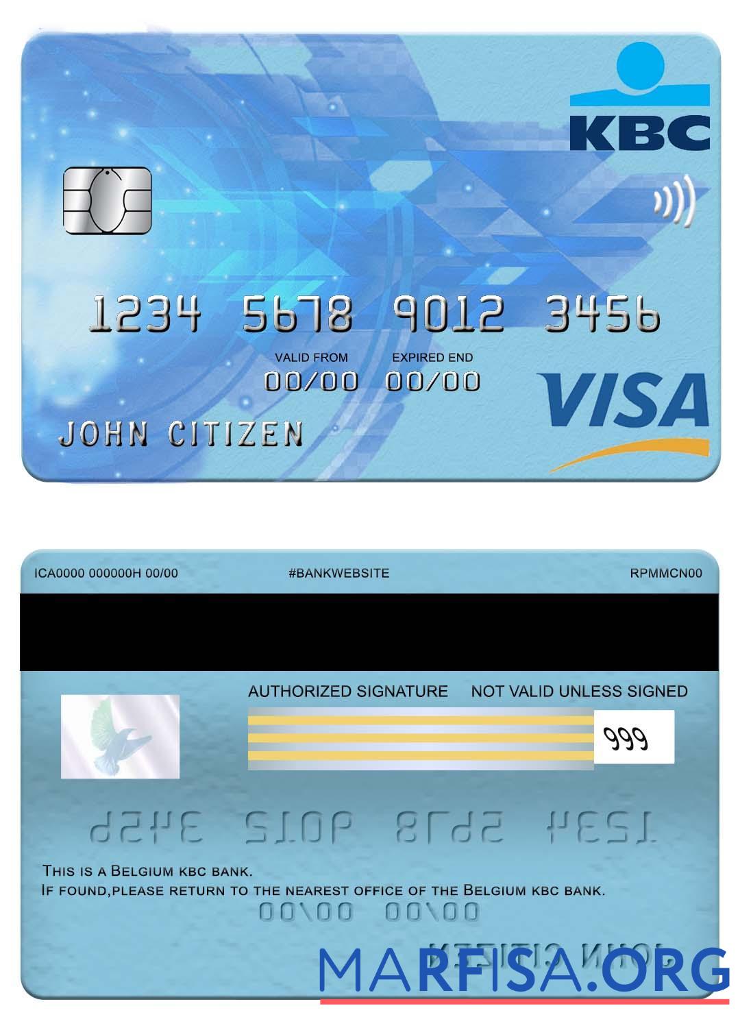Blank Belgium KBC bank visa card real example